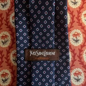 Yves Saint Laurent tie 100% silk made in the USA, navy foulard with red and gray